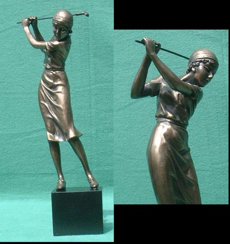 H43 - Eine Golfspielerin  Bronze Imitat Steinguss Golf