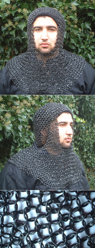 P12RIVB - Medieval riveted Chain Mail Coif, blackened