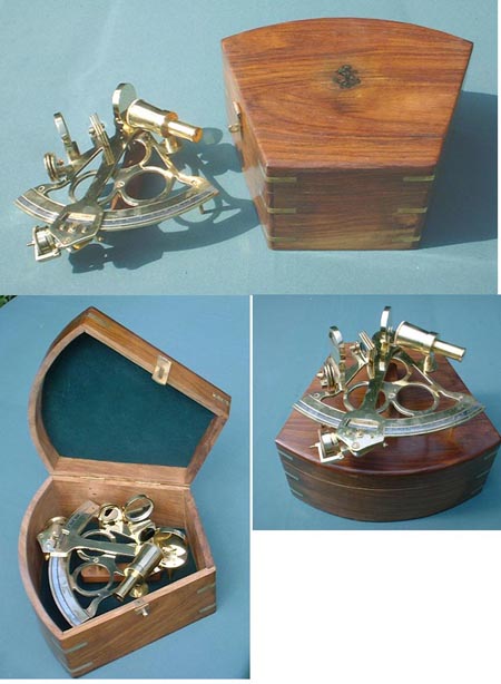 S21 - Large 8 inch Brass Navy Sextant w. Hardwood Box, Replica
